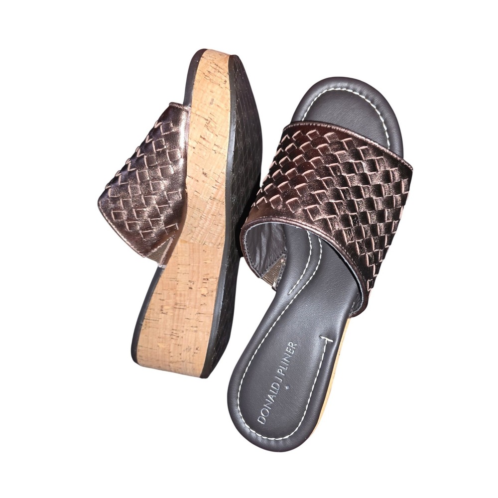Donald J Pliner‎ Womens Bronze Metallic Woven Leather Cork Wedge Sandals sz8